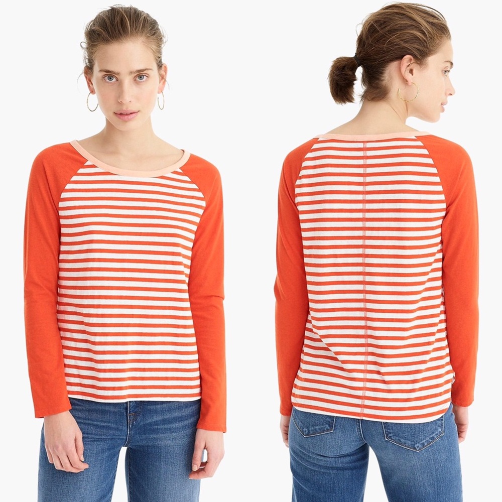J. Crew Red & Cream Striped Baseball Tee Long Sleeve Raglan Women’s Size XS
